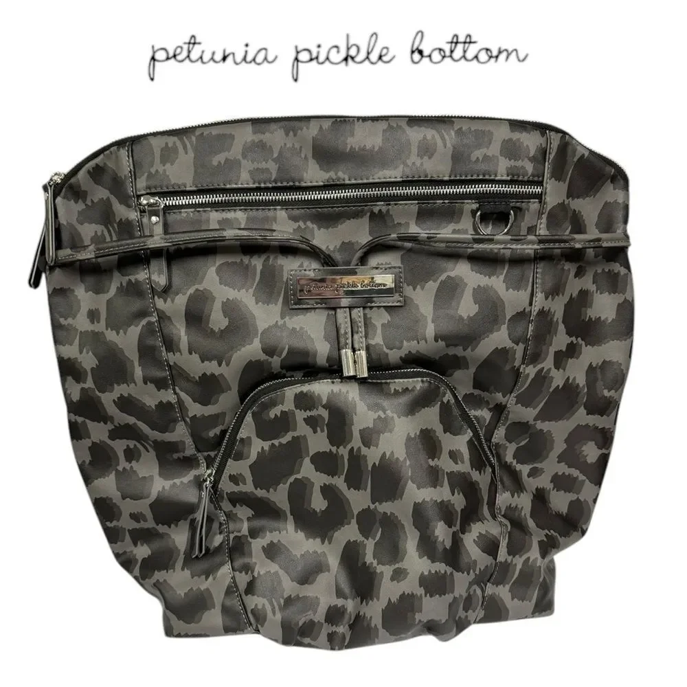 Petunia Pickle Bottom Cinch Convertible Leopard Grey Black Diaper Bag Backpack